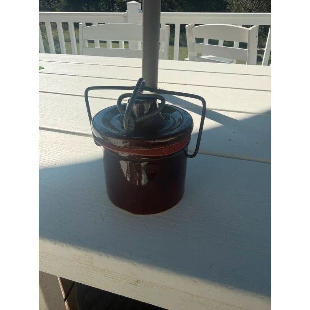 Vintage brown glazed stoneware cheese or butter crock
